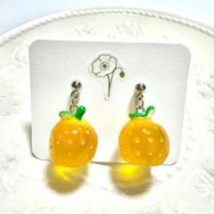 みかん オレンジ クリア ミニチュア ぷっくり ハンドメイド ピアス イヤリング