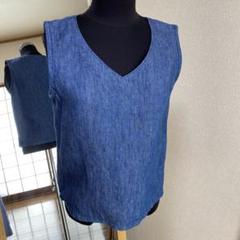 ハンドメイド　青いデニム風リネン100%のトップス
