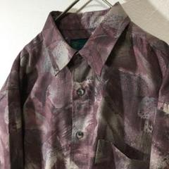 【個性派古着】日本製　長袖総柄デザインシャツ　パープル　アート柄　メンズＬ