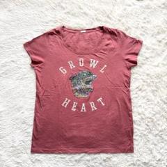 Y4【ジーユー】GROWL HEART プリントTシャツ　半袖　赤茶　L