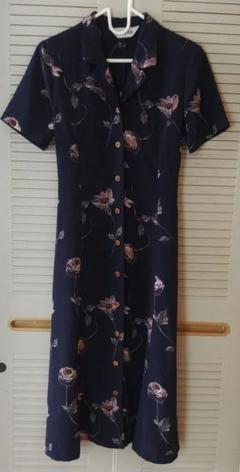 ネイビー花柄シャツワンピース 半袖