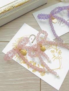 no.233 夢可愛い　艶消しビーズ　りぼん　リボンピアス/ ピンク