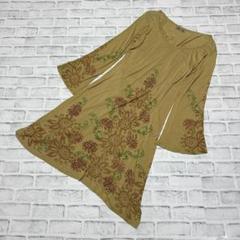 【パンゴパンゴ】花柄ロングワンピース フレア バックリボン 黄土色 レトロ古着
