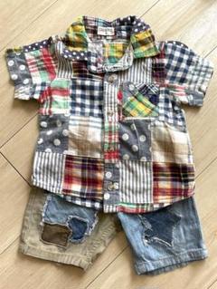 オシャレ！90サイズ　パッチワークシャツ&ブリーズのデニム短パン　セット