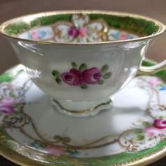 オールドNoritake 金盛 青柳帯 金盛薔薇絵図 カップ&ソーサー 1