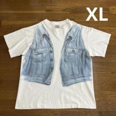 90s USA製 騙し絵 Tシャツ XL 白 デニムベスト