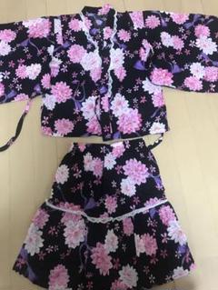 浴衣ドレス 黒地にピンクの花柄 140