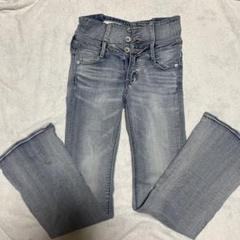 ハイウエストボタン USEDケミカルウォッシュストレッチフレアデニムパンツ
