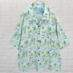 ハワイアン ボタニカル 総柄 シルク アロハシャツ レア 木製 四角 魚柄ボタン