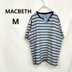 マクベス ▶ Tシャツ M 青系 ボーダー ポケットにワンちゃん 綿100%