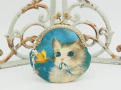 「猫と小鳥とリボン」がま口ポーチ・コインケース（口金8.5センチ）