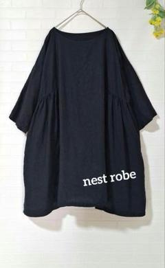 nest robe ネストローブ】リネン サイドギャザー チュニック 黒