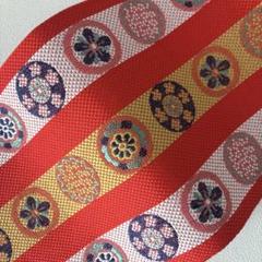 244半幅帯 小袋帯 厚地 朱赤色 芥子と白に可愛い花丸 浴衣 小紋 着物