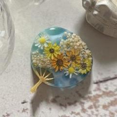 うちわ　海と向日葵　ハンドメイド ヘアゴム ブローチ ポニーフック キーホルダー