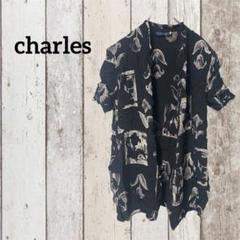 charles ブラック 半袖 アロハシャツ風 チューリップ 肩パッド付き