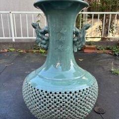 青緑色 陶器 花瓶 獅子持ち手 青緑色 陶器 花瓶 獅子持ち手 - メルカリ