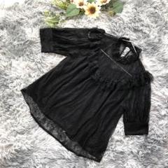 【NICE CLAUP】レース×フリルデザイン ブラック半袖トップス M〜L相当