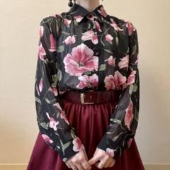 花柄 ボタニカル ヴィンテージ シャツブラウス 総柄 黒 渋め