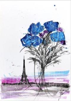 原画#3894 薔薇 エッフェル塔 雨 パリ 水彩画 ドローイング