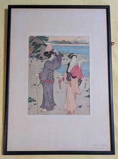 浮世絵 女性の姿 版画本物 黒フレーム