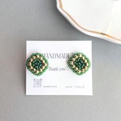 ビーズ刺繍イヤリング レトロ グリーン
