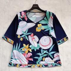 LEONARD　カットソー　花柄デザイン　ネイビー　Tシャツ　総柄 LEONARD カットソー 花柄デザイン ネイビー Tシャツ 総柄 - メルカリ