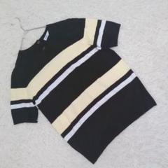 【ザラ】 (М) マルチボーダー半袖カットソー バックボタン留 黒