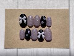 ネイルチップ フラッシュ パープル 紫 花 リボン 推し活 クロミちゃん