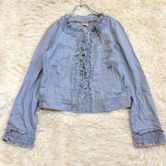 n6648 美品✨リネン混ノーカラーデニムジャケット M フリル コットン 薄手
