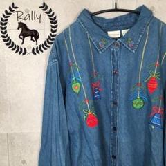 B2 刺繍デニムシャツ/L/LL/レトロ/90s/レア/希少デザイン/ゆるだぼ