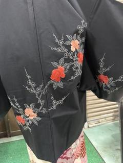 5k1098 浴衣綿単衣絣赤黒柄物和装