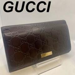 美品 グッチ gucci 長財布 GG柄 シマ レザー ダークブラウン 金金具