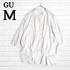 GU バンドカラー七分袖シャツ ストライプ 比翼ボタン ブラウス M ホワイト