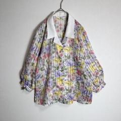 長袖ブラウス　花柄　総柄　レトロ　フリル　オープンカラー　洗える　パステルカラー