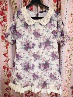 新品♡花柄♡レース＆フリルワンピ（シフォン素材）M