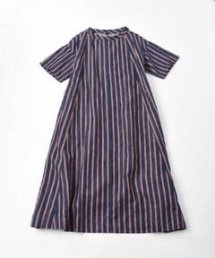 美品【45R】リネン100% ストライプ 半袖 ワンピース R刺繍 ゆったり 美品【45R】リネン100% ストライプ 半袖 ワンピース R刺繍