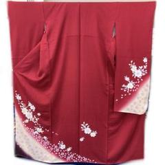 ☆中古品☆振袖 単品 正絹 赤系花模様B級品ヤケ・汚れ有り振袖