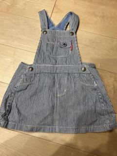 miki HOUSE ジャンバースカート ストライプ　【Lサイズ90-100】