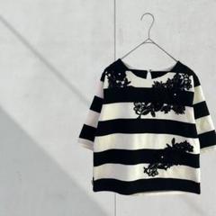 3500【RIBBON DRESS】デザインTシャツ　ボーダー　刺繍　白黒　韓国