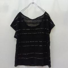 4『イング』半袖 レース カットソー ビジュー ボーダー 透け感【M】重ね着 黒