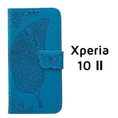 Xperia 10 Ⅱ 手帳 ブルー バタフライ エンボス 青 蝶