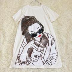 n6356 ミニ丈半袖Tシャツワンピース M-L ビッグプリント 重ね着 透け感