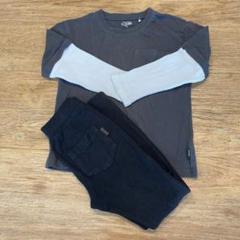 男の子 120 ダークグレー長袖 ポケット付き ストレッチ 黒 パンツ 2点売り