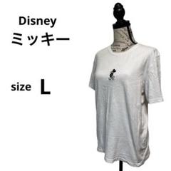 ミッキー刺繍 ホワイト Tシャツ 半袖 (L)