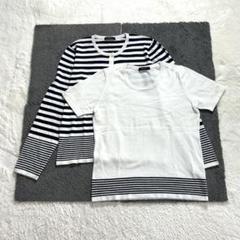 r2700【コムサイズム】L 白×黒 ボーダー 半袖ニット 長袖カーディガン