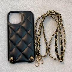 iPhone13miniケース チェーンベルト付き 黒 レザー調 タテ