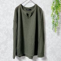 ワッフルカットソー 長袖 Mオリーブ色リブ編み