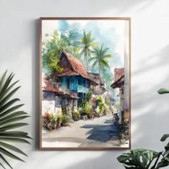 バリ島の風景画　バリ島にて購入 A4バリ島の穏やかな街並み インテリアアート水彩画 風景画