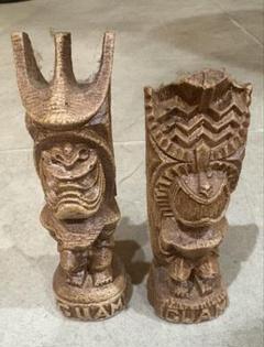 グアム島 木製　ティキ様　彫刻 二体セット　お土産　縁起物　幸運　TIKI
