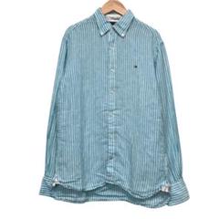 TOMMY トミーヒルフィガー　長袖リネンストライプシャツ　刺繍ロゴ　BD S